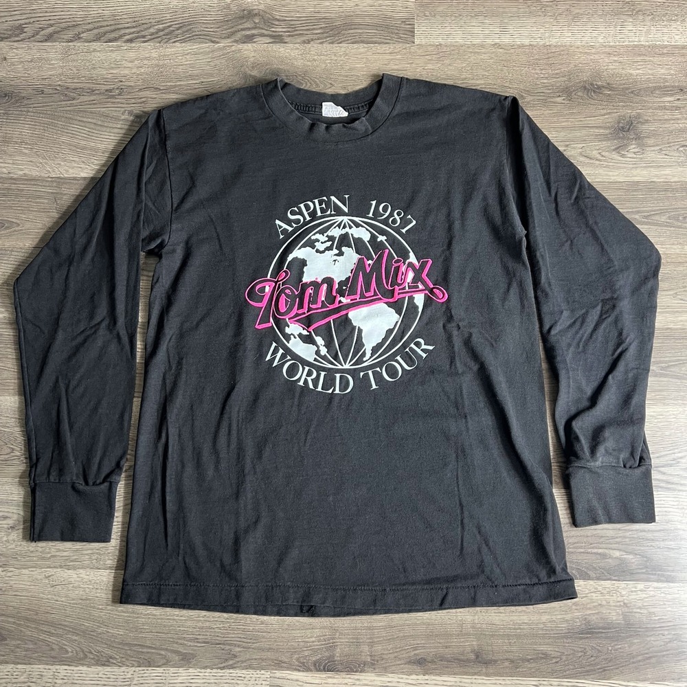 VTG Tom Mix Flight School T Shirt Fits Medium Puff Paint 1980s Aspen‎ World Tour